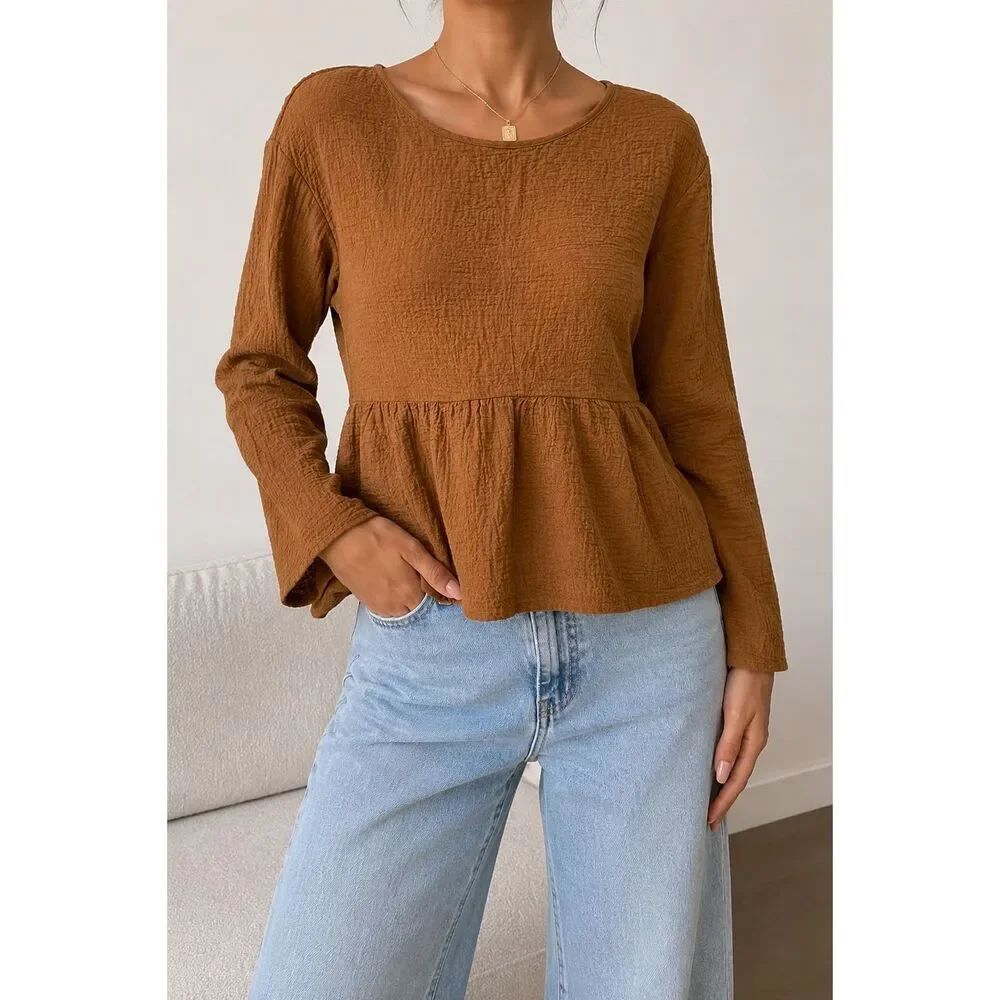 Madewell Brown Textured Peplum Top XS Lace Up Back Boho Blouse
